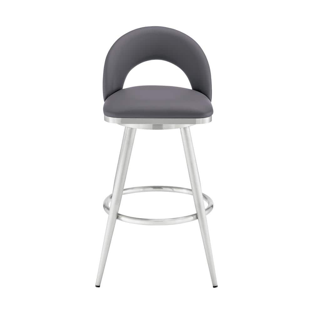 Gray Faux Leather Swivel Bar Stool with Brushed Stainless Steel Frame