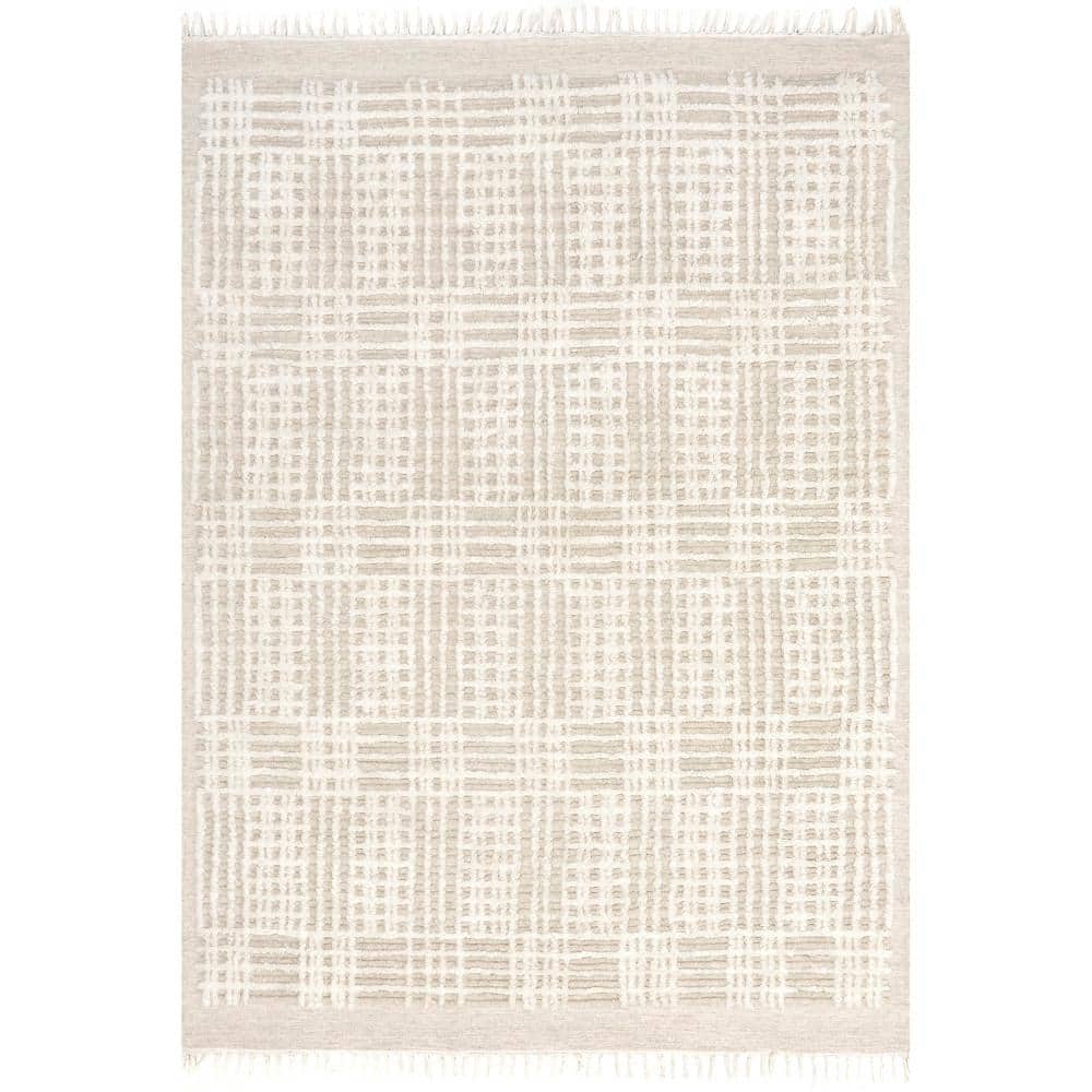 Beige Crosshatch Tufted Shag Wool 4' x 6' Rug