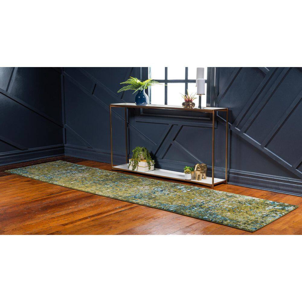 Green Abstract Easy Care Indoor Runner Rug