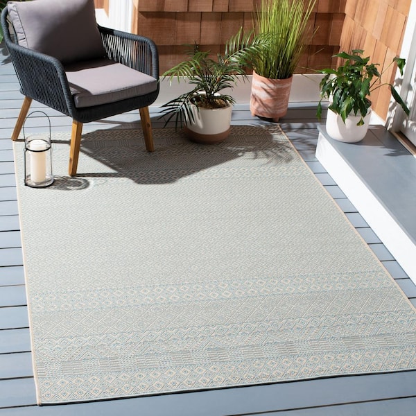 Courtyard Beige/Aqua 2 ft. x 4 ft. Tribal Striped Diamonds Indoor/Outdoor Area Rug