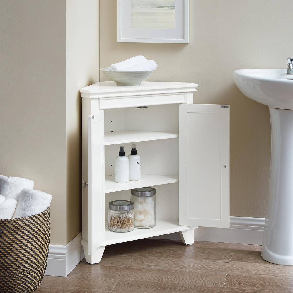 White Wooden Corner Bathroom Cabinet with Adjustable Shelves