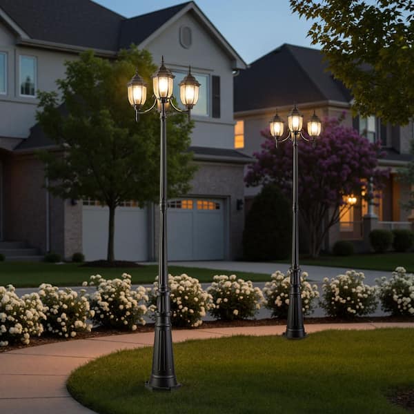 3-Light Black Aluminum Dusk to Dawn Hardwired Outdoor Weather Resistant Post Light Set with GFCI, No Bulbs included