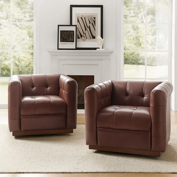JAYDEN CREATION Gunther Brown Genuine Leather Swivel Club Chair Set of 2 with Wooden Apron