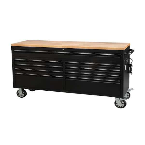 61‑Inch Rolling Tool Chest Workbench,9 Lockable Drawers,Rubber Wood Top,Steel Cabinet,Wheels,Garage Storage