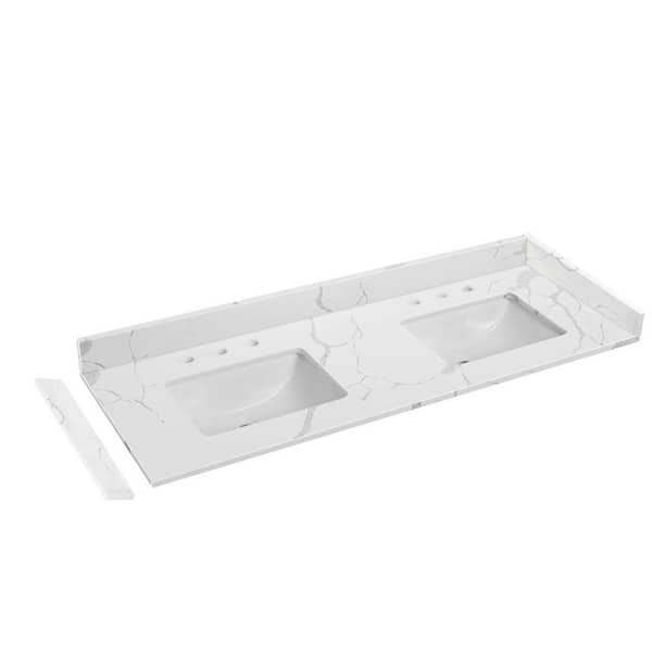 Carrara Luna 60 in. W x 22 in. D Quartz White Rectangular Double Sink Bathroom Vanity Top in Calacatta River