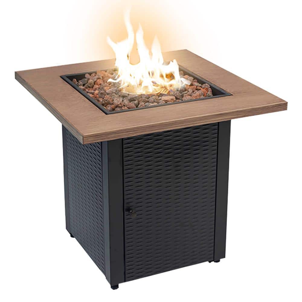 Patio Post 48000 BTU 28 in. x 25 in. Square Outdoor Propane Fire Pit Table,  Quick Ignition Faux Wood Black Iron Base GHFIRE05