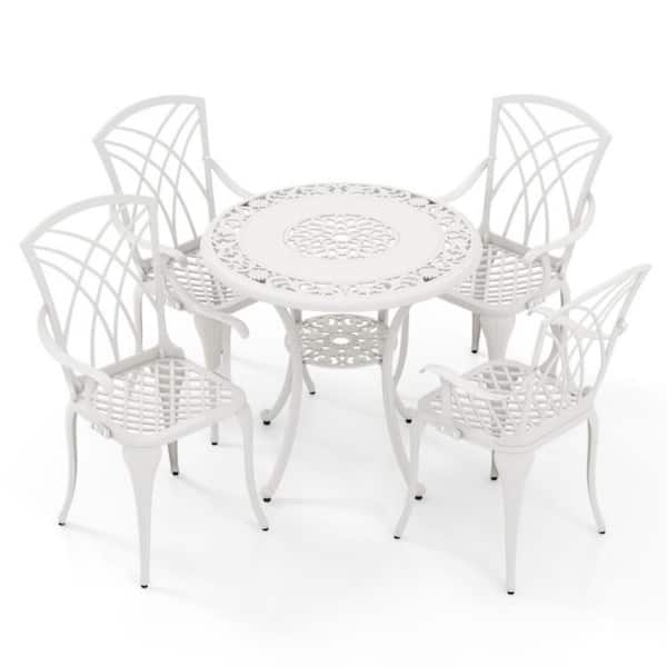 5-Piece Aluminum Bistro Table Outdoor Dining Set with Umbrella Hole, Adjustable Footpads and Curved Armrests