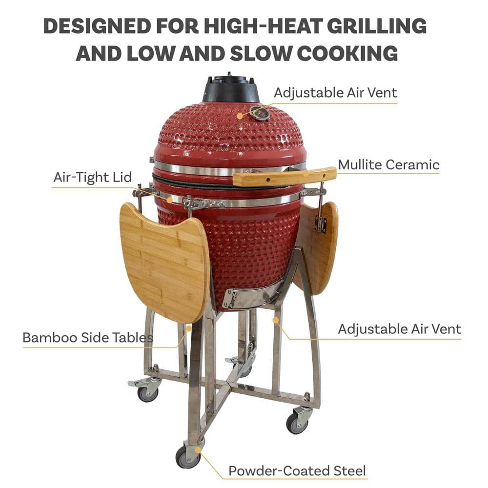 Red Ceramic Kamado Grill with Smoker and Bamboo Side Tables