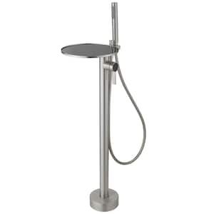 1-Handle Freestanding Floor Mount Roman Tub Faucet Bathtub Filler With Hand Shower and Storage Tray In Brushed Nickel