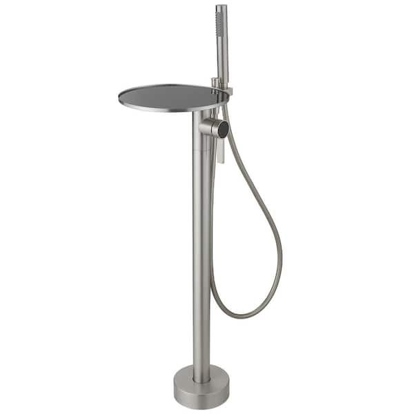 BWE 1-Handle Freestanding Floor Mount Roman Tub Faucet Bathtub Filler With Hand Shower and Storage Tray In Brushed Nickel