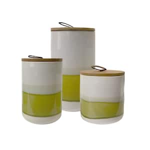 Set of 3 White Ceramic Kitchen Canisters with Wooden Bamboo Lids (3 Sizes)