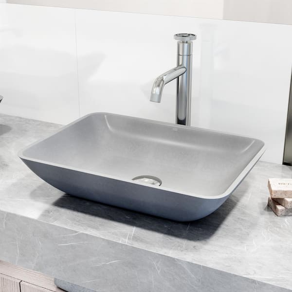 VIGO Dunn Gray Concreto Stone Rectangular Bathroom Sink with Vessel Faucet in Chrome and Pop-Up Drain in Chrome