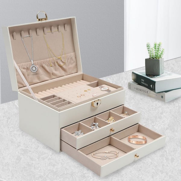 3 Layer Jewelry Holder Organizer with 2 Drawer 9 x 6.7 x 5.3 in, White