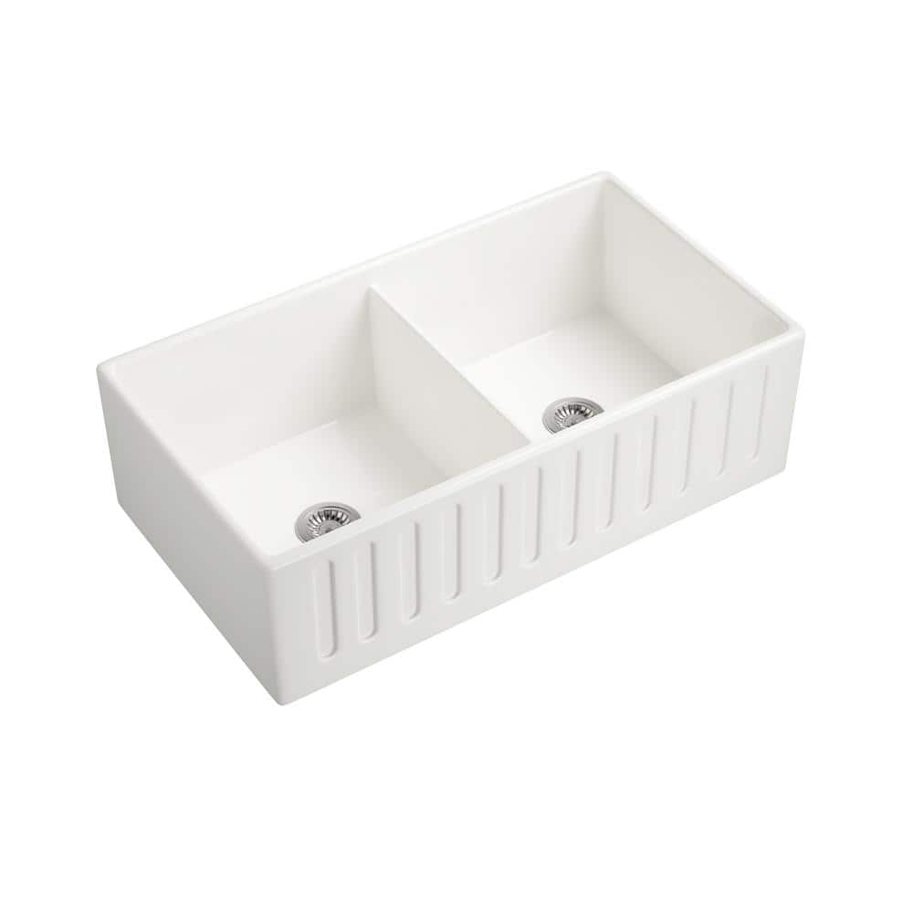 HBEZON 33 in. Drop-in Double Bowl White Ceramic Farmhouse Kitchen Sink ...