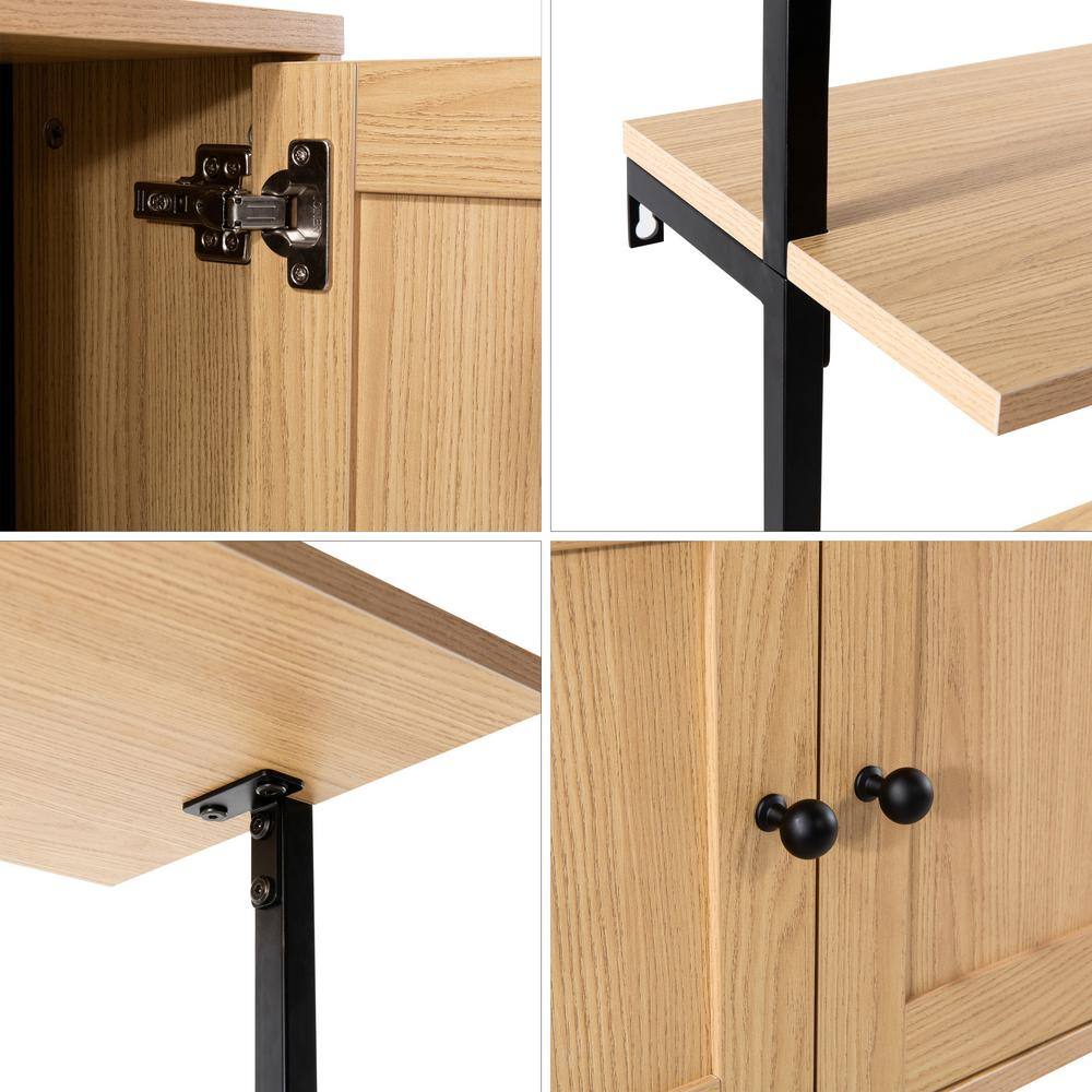 Light Oak and Black Wall-Mounted Ladder Bookcase with Cabinet