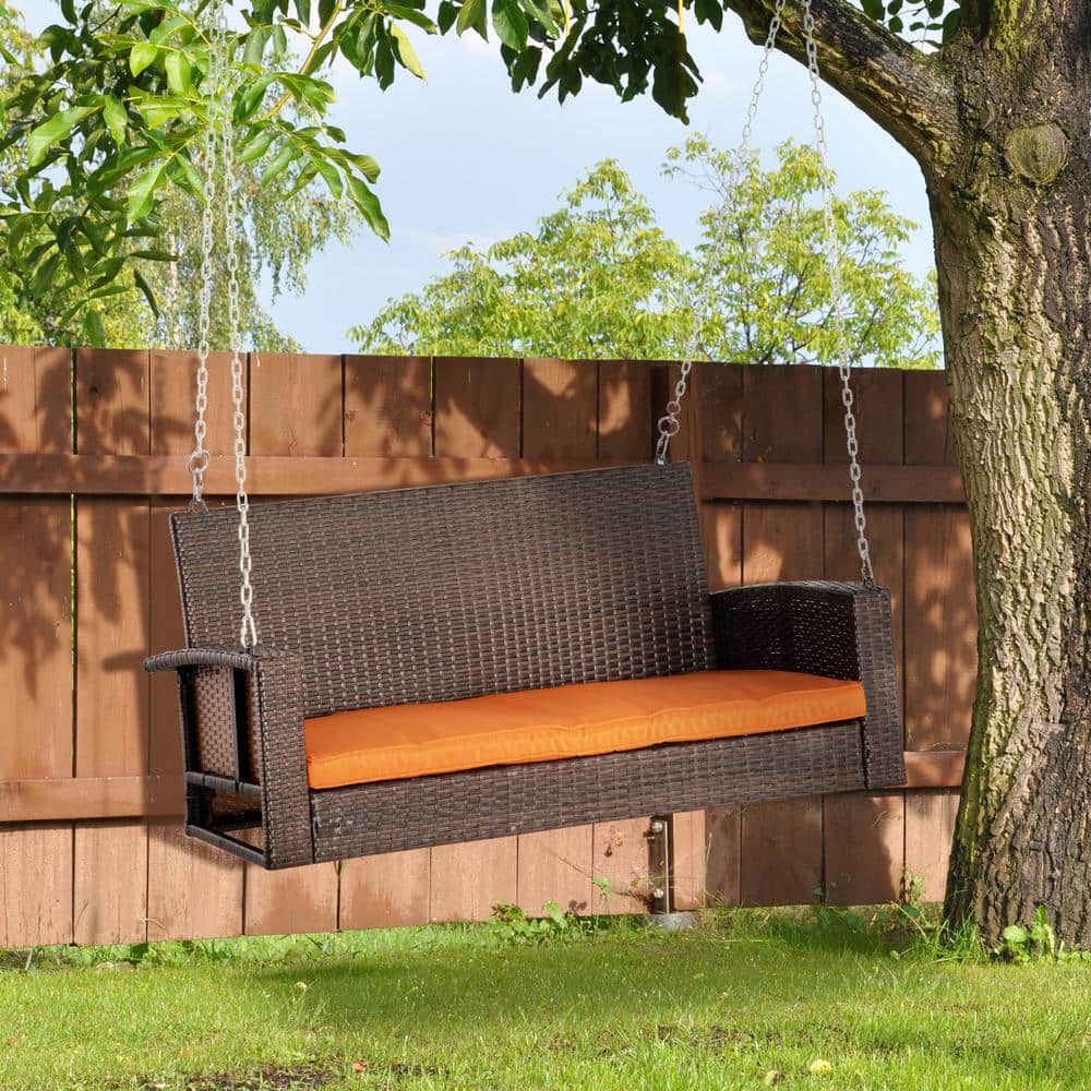 Mix Brown Wicker 2-Person Hanging Porch Swing with Orange Cushions