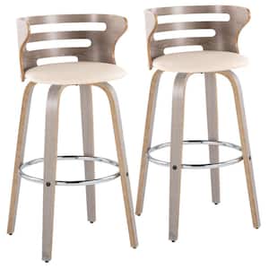 Cosi 28.5 in. Cream Faux Leather, Light Grey Wood and Chrome Metal Fixed-Height Bar Stool with Round Footrest (Set of 2)