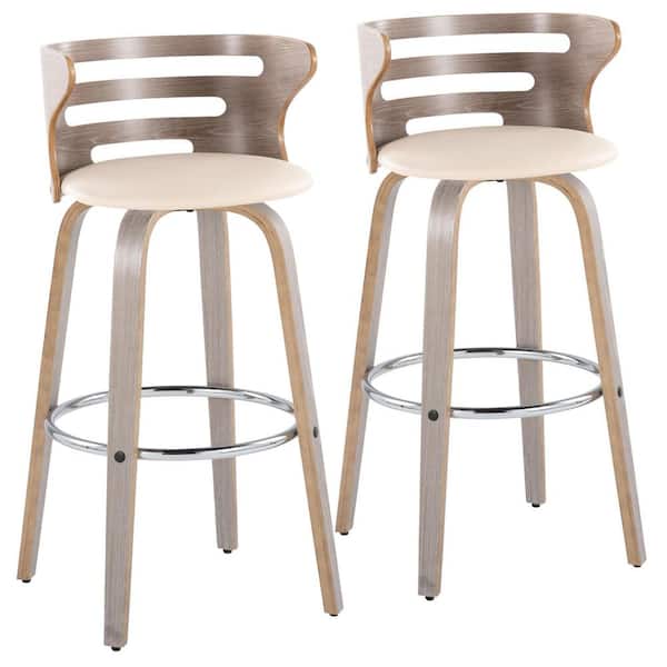 Lumisource Cosi 28.5 in. Cream Faux Leather, Light Grey Wood and Chrome Metal Fixed-Height Bar Stool with Round Footrest (Set of 2)