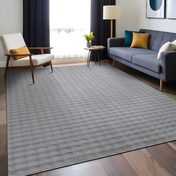 Aurora 8 ft. x 10 ft. Grey Non-Slip Rubber Back Washable Polyester Checker Indoor Area Rug