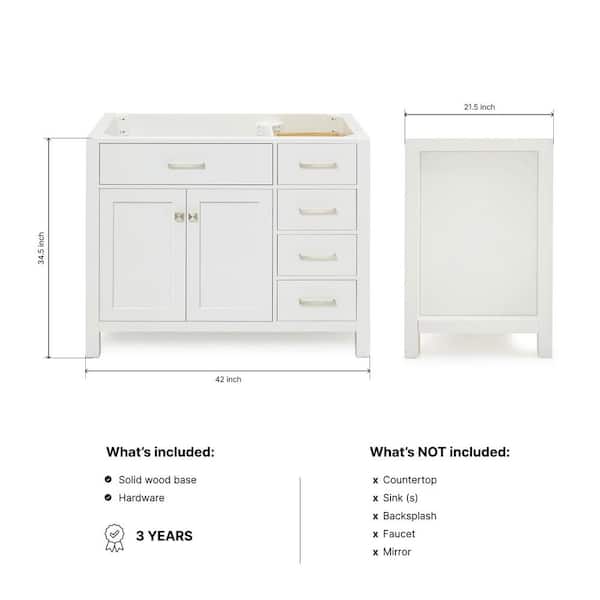 Bristol 42 in. W x 21.5 in. D x 34.5 in. H Freestanding Bath Vanity Cabinet without Top in White