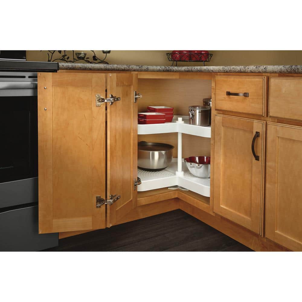 32" White Polymer Kidney Shape Lazy Susan with Double Shelves