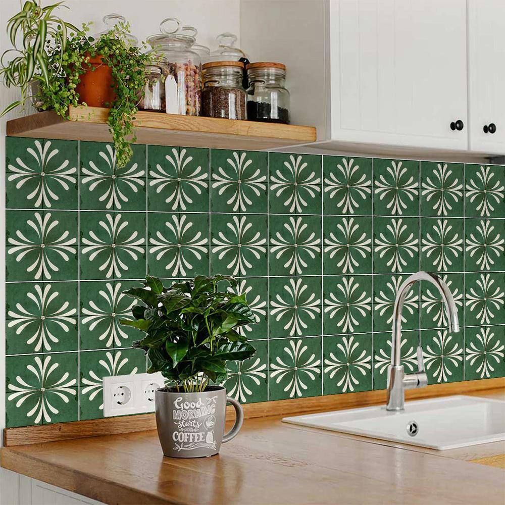 Vintage Dark Green and White Vinyl Tile Stickers, 4x4-inch