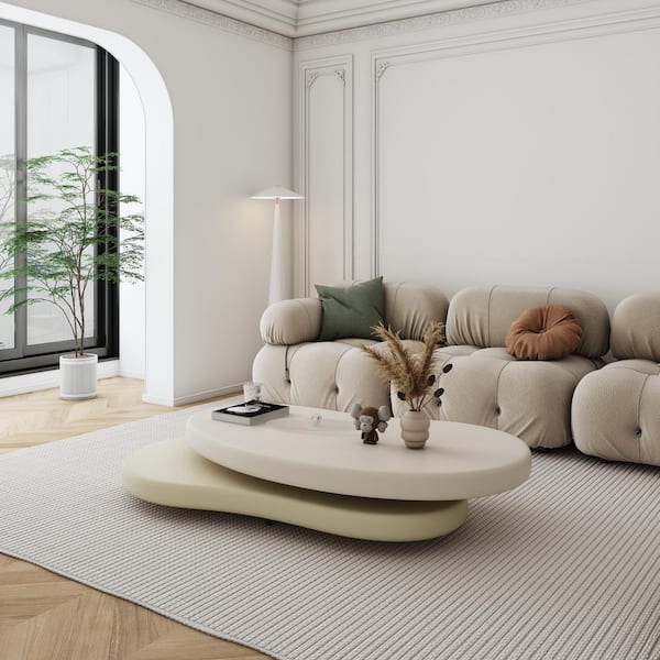Beige Oval 2-Tier Rotating Coffee Table - 47.24 in.