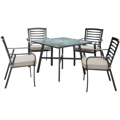 Pemberton 5-Piece Commercial-Grade Aluminum Outdoor Bistro Set with Ash Cushions, 4-Dining Chairs and Glass-Top Table