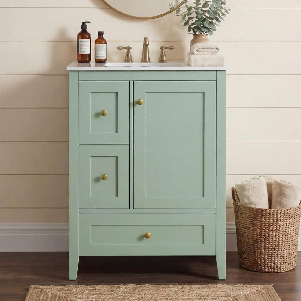 Ximuprmy 24 in. Modern Freestanding Green Solid Rubber Wood Single