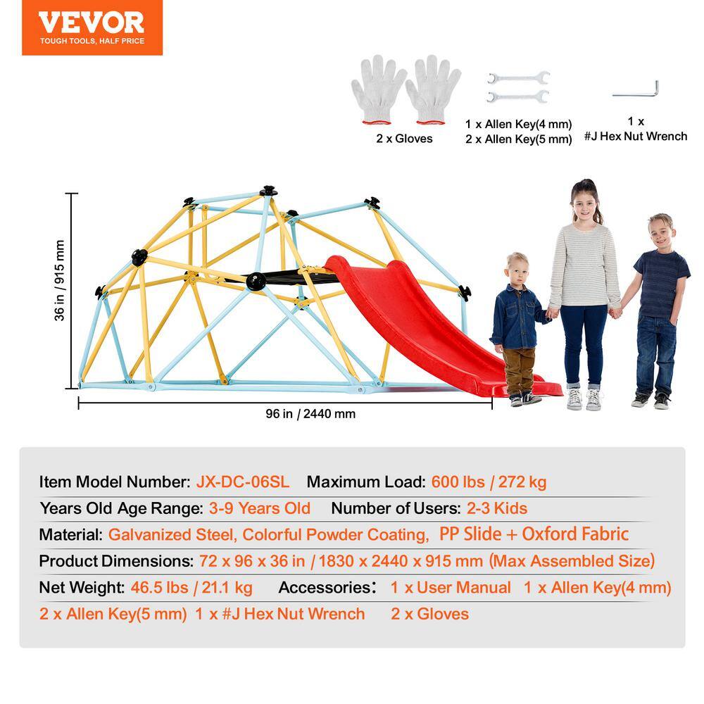 8FT Geometric Dome Climber with Red Slide and Steel Frame