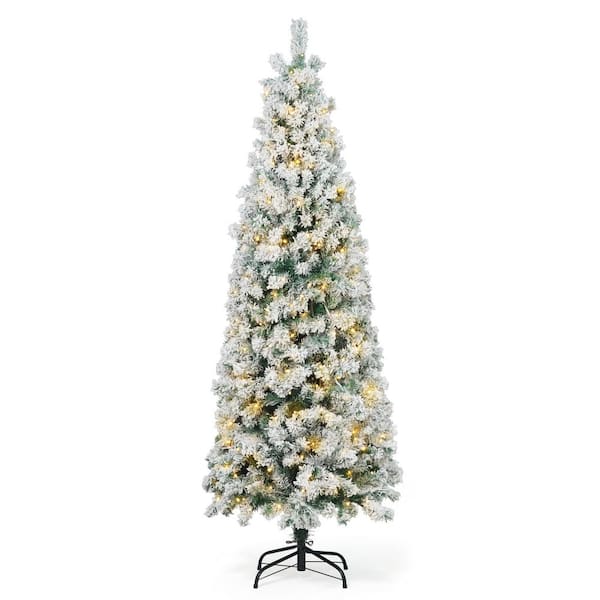 6 ft. Pre-Lit LED Flocked Slim Pencil Tree Artificial Christmas Tree with 250-Lights with Foldable Metal Stand