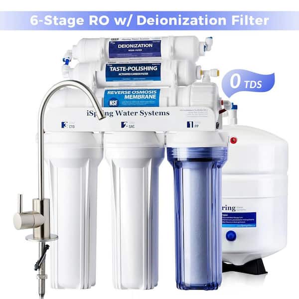 6-Stage 75GPD Under sink Reverse Osmosis Water Filter System with De-Ionization filter for 0 TDS