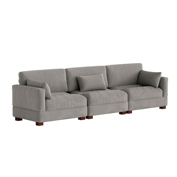 123 in. Square Arm 3-Piece Corduroy Upholstered 3-Seater Sectional Sofa in Light Gray