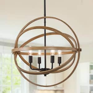 Farmhouse Chandelier 4-Light Globe Cage Classic Black Candlestick Island Pendant Chandelier with Faux Wood Accent