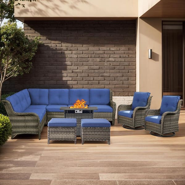 moosprr 7-Piece Gray Wicker Fire Pit Conversation Set with Olefin Blue Cushions L-Shaped Sofa with Ottoman/Swivel Patio Chairs