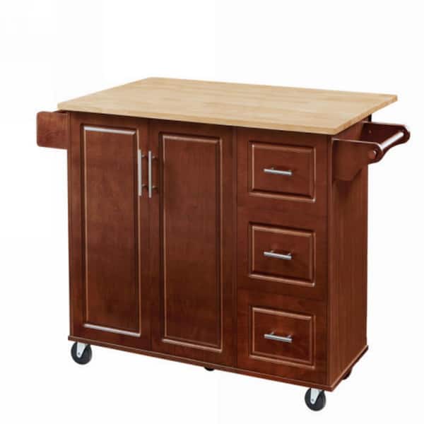 Rolling Brown Wood Top 53 in. Kitchen Island Cart with Storage Cabinet and Tower Rack, 5 Smooth Wheels