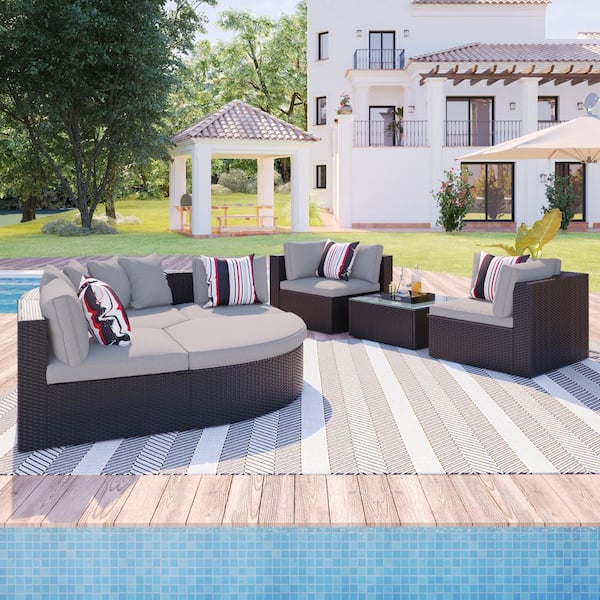 Harper & Bright Designs 7-Piece Brown Wicker Outdoor Sectional Set with ...