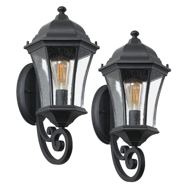 20 in. Black Outdoor Dusk to Dawn Hardwired Wall Lantern Sconce with Clear Glass No Bulbs Included (2-Pack)