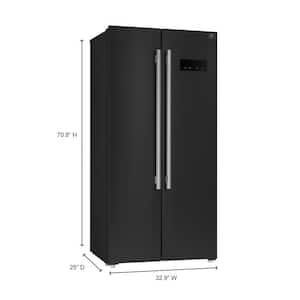 Salerno 15.6 cu. ft., 33 in. freestanding side-by-side black refrigerator with antique brass handles