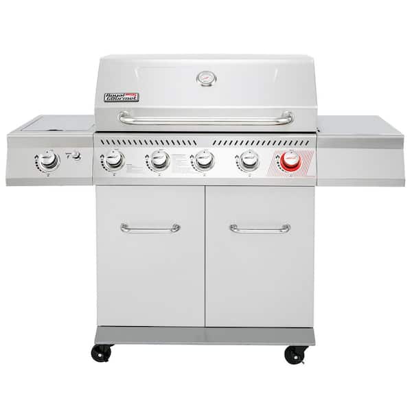 6 Burner Propane Gas Grill with Sear Burner and Side Burner, Cabinet Style, Silver