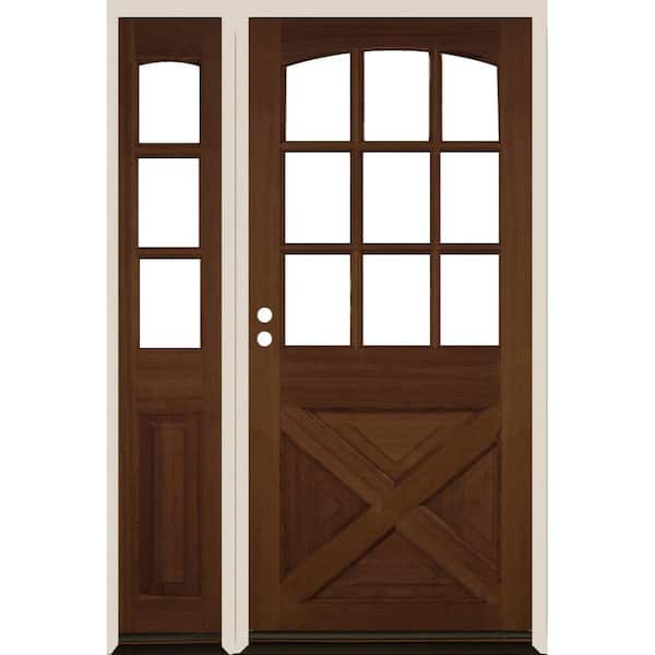 Krosswood Doors 50 in. x 80 in. Farmhouse X Panel RH 1/2 Lite Clear Glass Provincial Stain Hemlock Prehung Front Door with LSL
