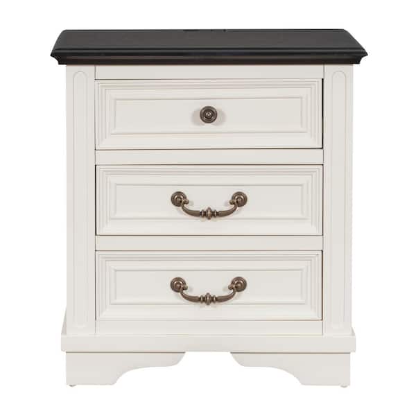 JASIWAY Beige 3 Drawers 25.6 in W Nightstand Bedside Table with USB Charging Ports