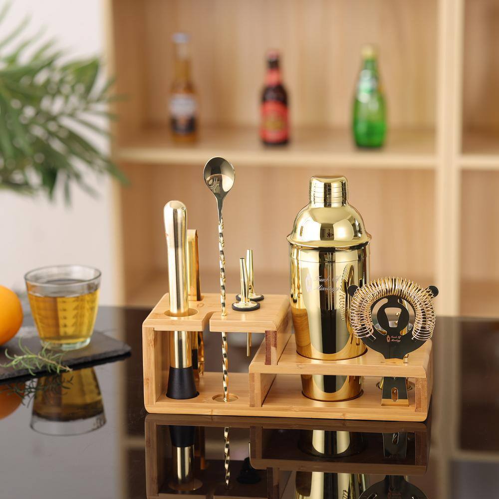 Gold Stainless Steel 14-Piece Bartender Kit with Bamboo Stand