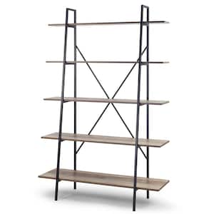 August 71.75 in. Light Brown Weathered Oak Particle Board 5- -Shelf Leaning Modern Etagere Bookcase with Metal Frame