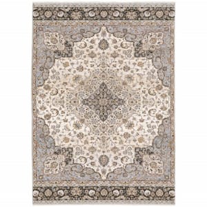 3' X 5' Ivory And Blue Oriental Power Loom Stain Resistant Area Rug With Fringe