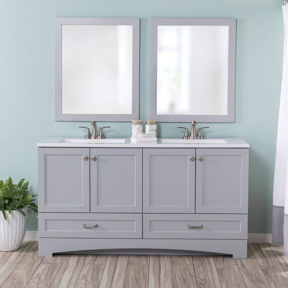 Glacier Bay Lancaster 60 in. W x 19 in. D x 33 in. H Double Sink Bath Vanity in Pearl Gray with White Cultured Marble Top -  LC60P2-PG