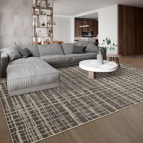 Brown 5 ft. x 7 ft. Anti-Slip Grid Print Rug Modern Machine Washable Ultra-Thin Soft for Bedroom Corridor Office