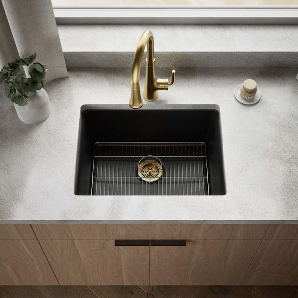 Kennon Drop-In Neoroc Granite Composite 25 in. Single Bowl Kitchen Sink in Matte Black with Basin Rack