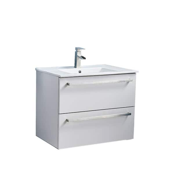 24 Modern White Floating Bathroom Vanity with Drawer Shelf Integral Single Ceramic Sink