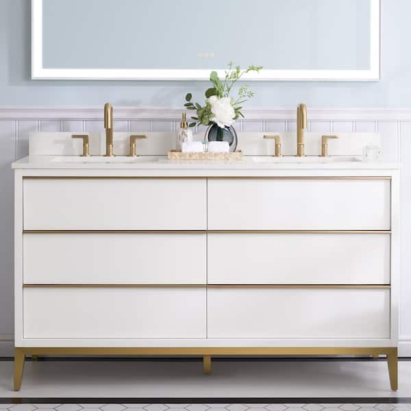ANGELES HOME 60 in.W x 22 in.D x 35 in.H Certified Double Sink Solid Wood Bath Vanity in White with White Stain-Resistant Quartz Top